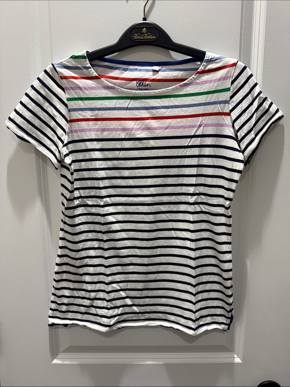 Boden White Navy Striped Short Sleeve Tee with Rainbow Accent